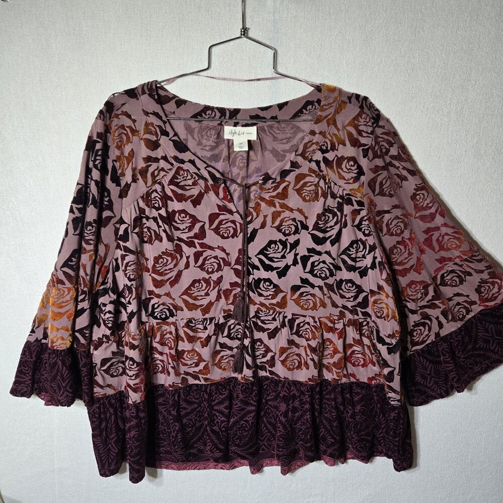 STYLE & CO Blouse 2X Velour Burnout Tiered Rose Bell Long Sleeve Boho FLAW